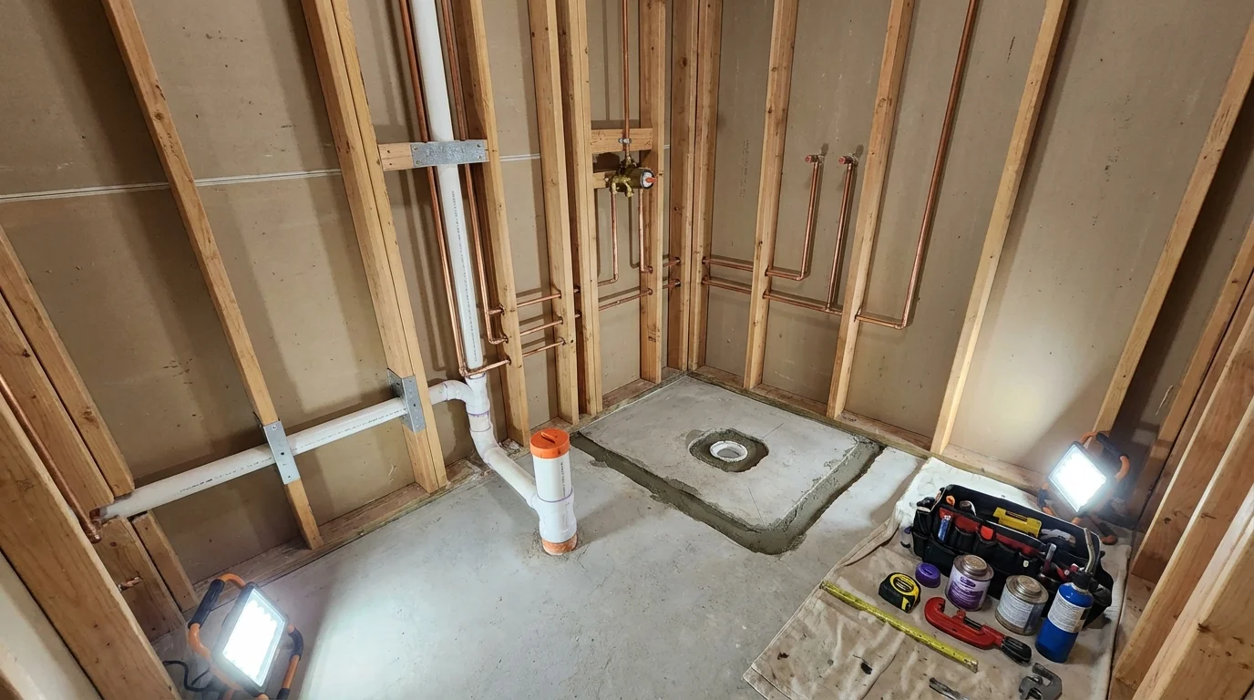 Bathroom rough-in plumbing during remodel by Johns Plumbing LLC in Nyack