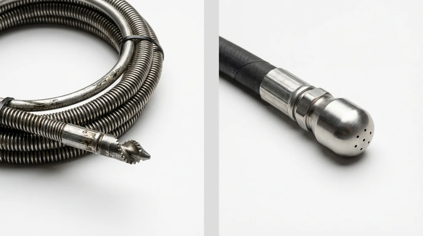 Drain snake cable and hydro jetting nozzle used for drain cleaning in Nyack, NY