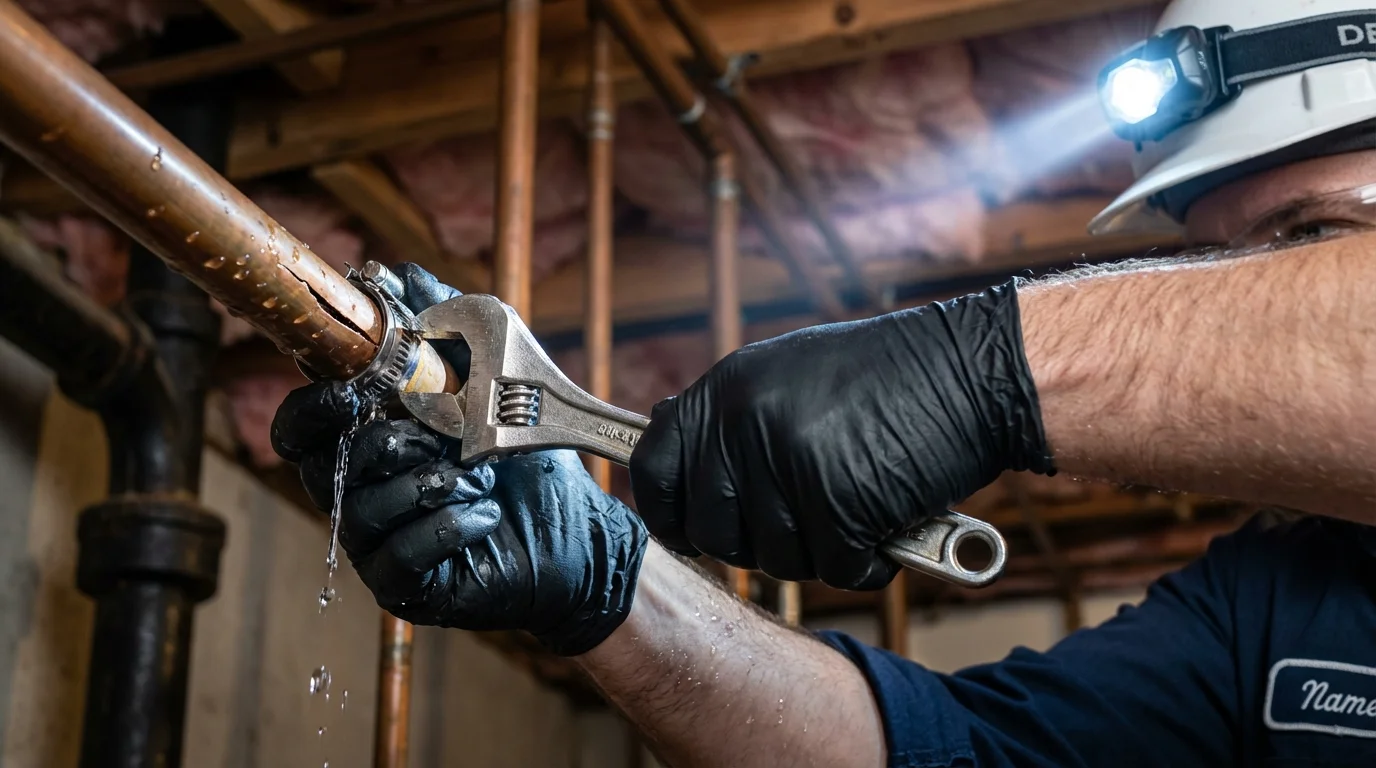 Emergency pipe clamp repair being performed by a Johns Plumbing LLC plumber in Nyack