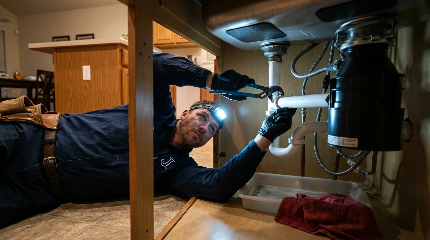P-trap and supply line connections under a kitchen sink showing a common leak point in Nyack, NY